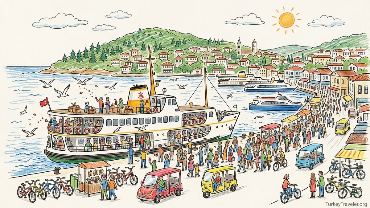 Crowds arriving by ferry to Büyükada’s busy summer waterfront with hills and wooden mansions behind.
