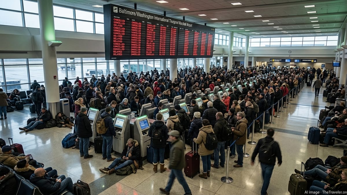 Crowded departure hall at BWI airport with passengers waiting under a board of cancelled flights.