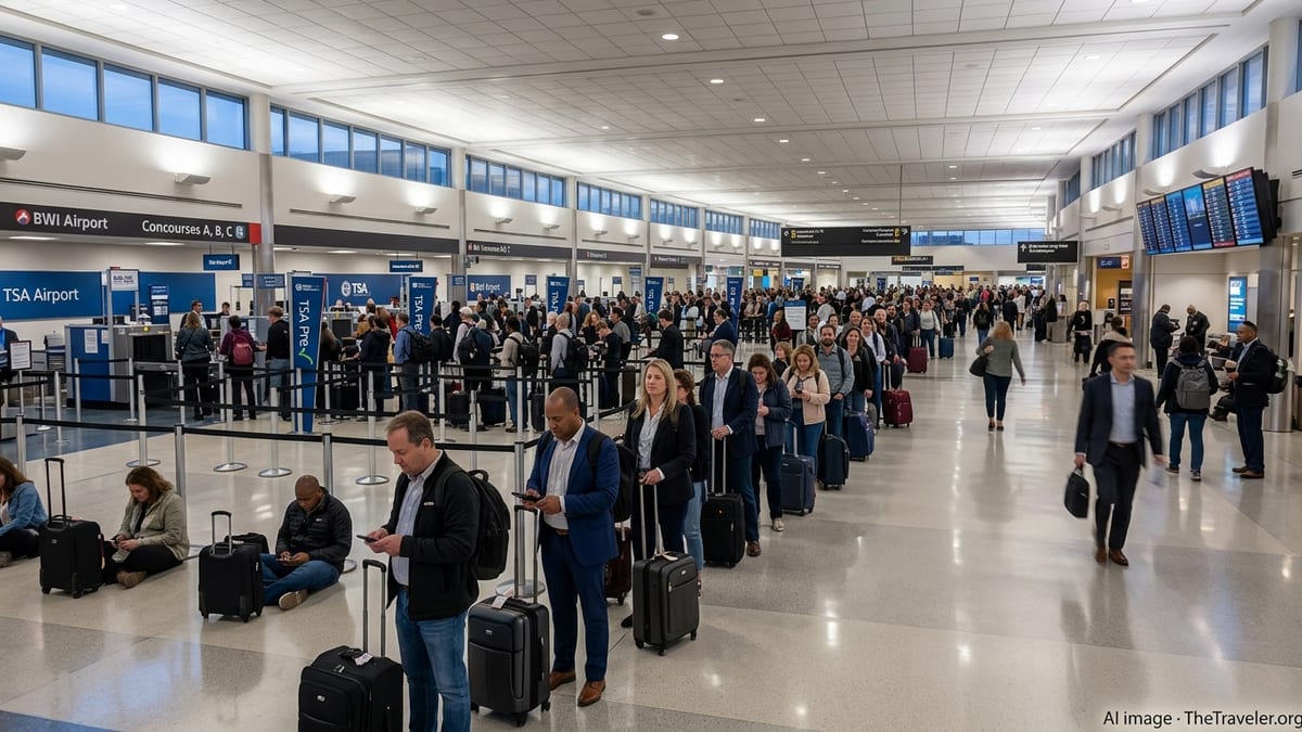 Crowded security lines at BWI airport as travelers wait at checkpoints.
