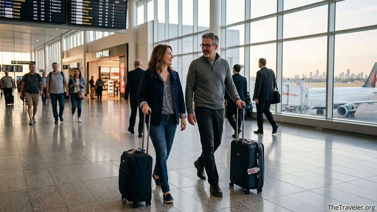 Frequent travelers walking through a bright airport terminal with carry-on luggage.