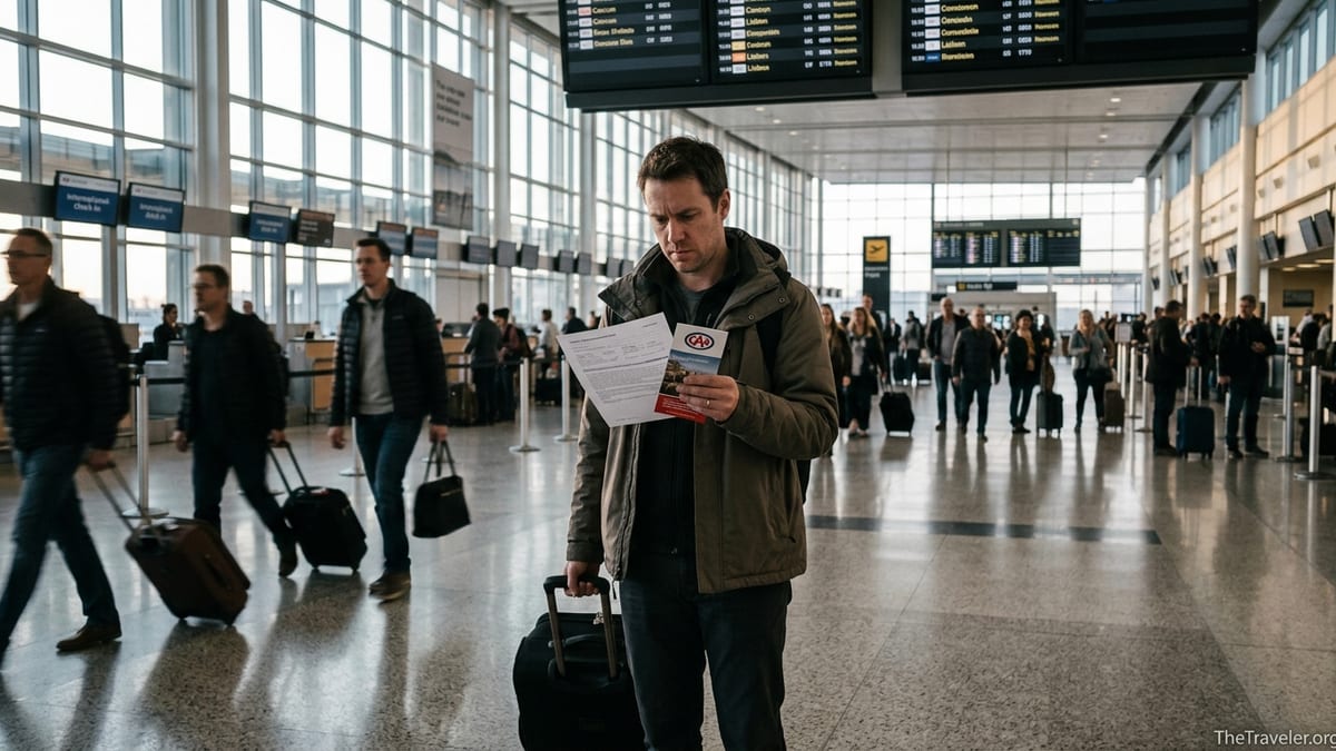 Traveler reading CAA travel insurance papers in a busy Canadian airport terminal