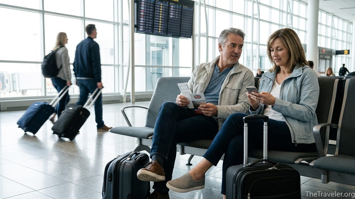Middle-aged Canadian travellers review documents in an airport departure lounge with luggage nearby.