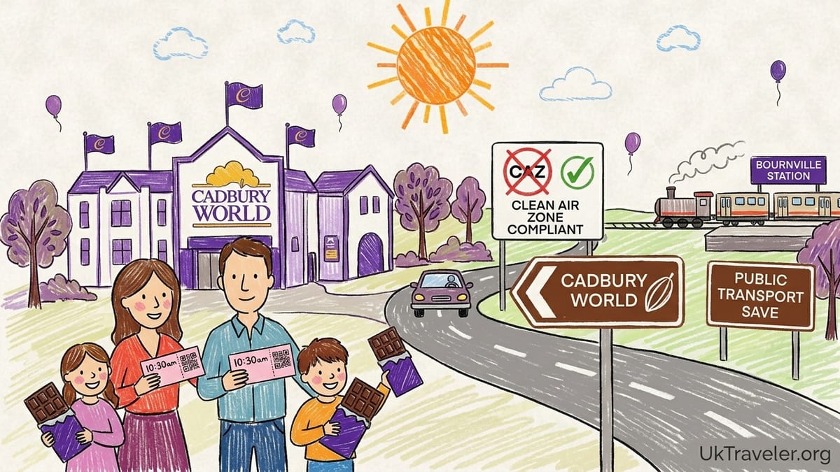Families walking from the free car park toward the Cadbury World entrance in Bournville, Birmingham.
