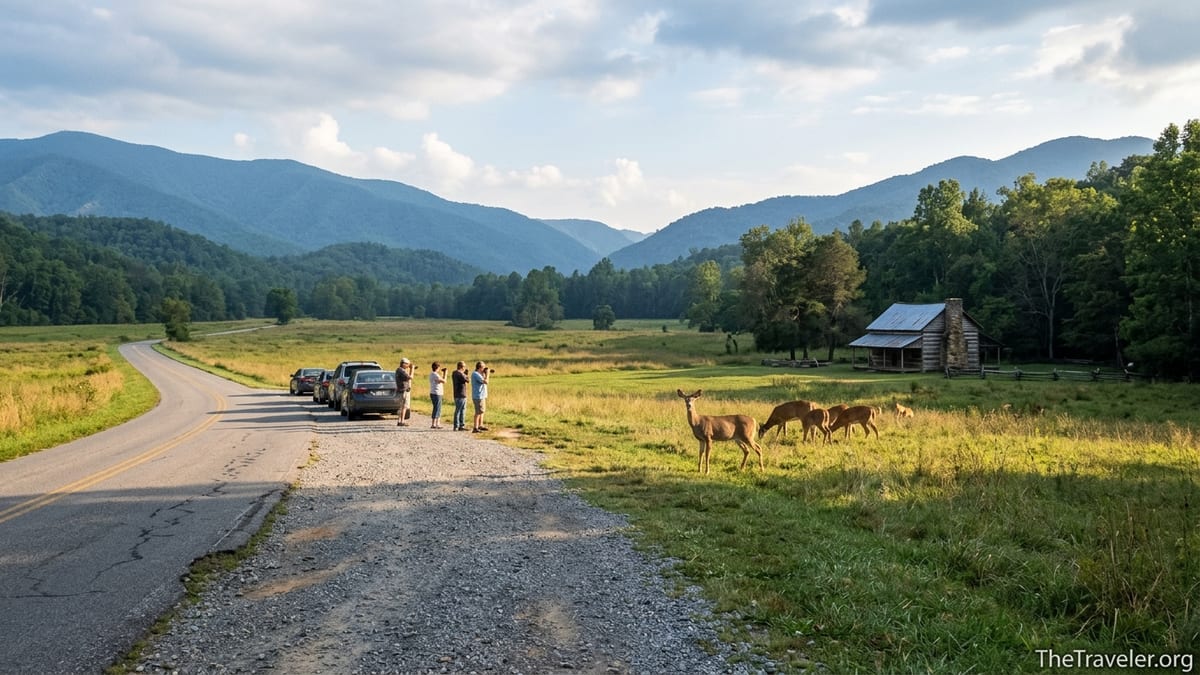 Early evening view of Cades Cove loop road, fields, deer, and distant Smoky Mountains.