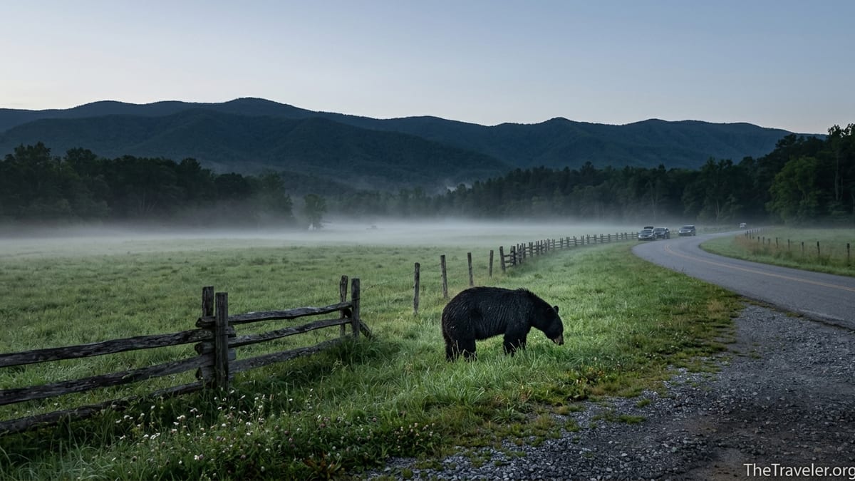 Black bear grazing in a misty morning meadow in Cades Cove with mountains behind.