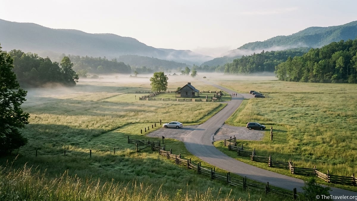 Early morning mist over fields and loop road in Cades Cove with Smoky Mountain ridges beyond.