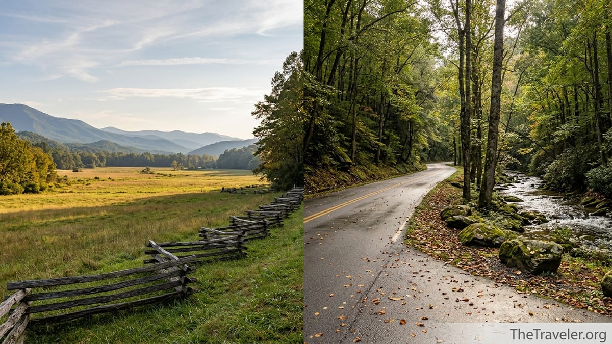 Scenic Smokies road curving from an open valley into dense forest along a mountain creek.