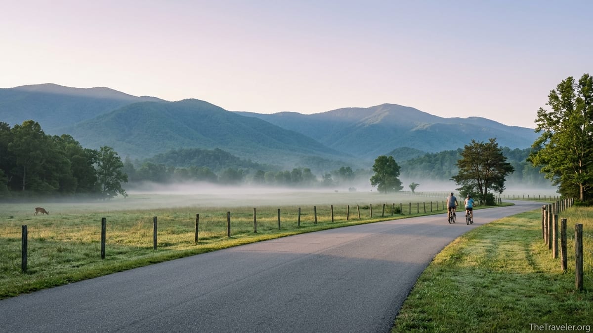 Cyclists ride a quiet Cades Cove road at dawn with foggy meadows and Smoky Mountain ridges beyond.