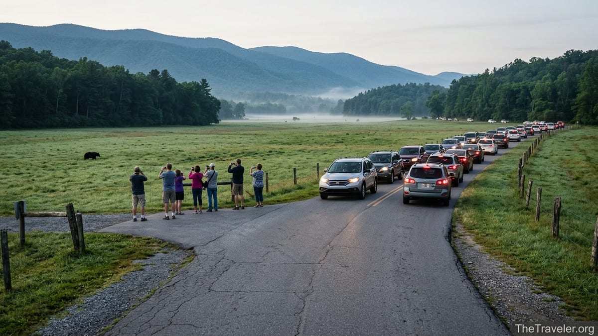 Traffic lined up on Cades Cove Loop Road with tourists watching a distant bear in a Smoky Mountains meadow.