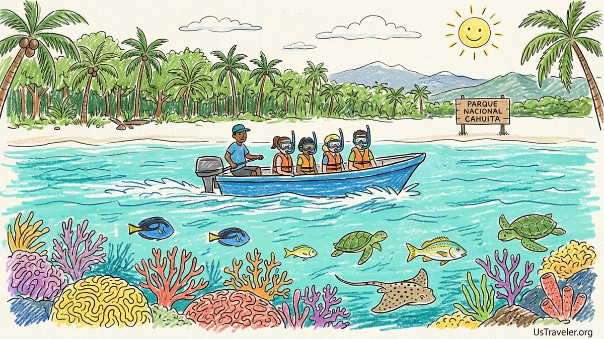 Snorkelers over a coral reef near a small boat off the forested coast of Cahuita National Park.