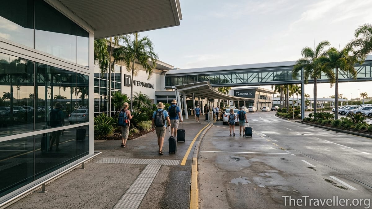 Travelers walking along the covered walkway between Cairns Airport T1 International and T2 Domestic terminals at dawn.