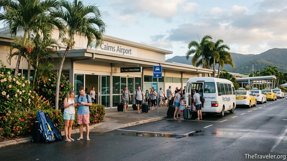 Travelers exiting Cairns Airport to taxis and shuttles under tropical palms at sunset.