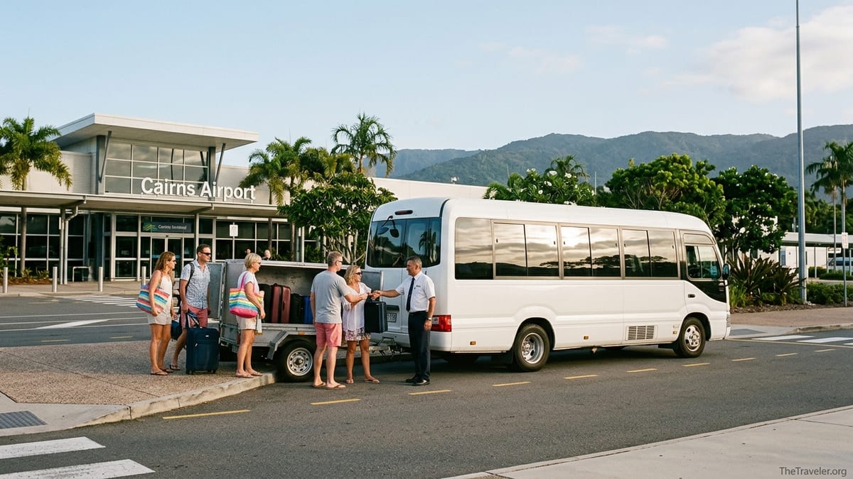 Travellers loading suitcases into a Cairns Airport shuttle minibus outside the terminal.