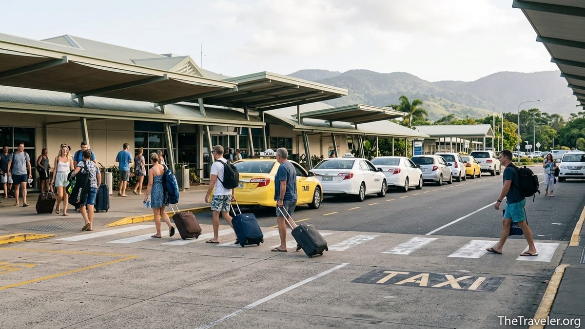 Travelers exiting Cairns Airport walk toward waiting taxis and cars under tropical afternoon light.