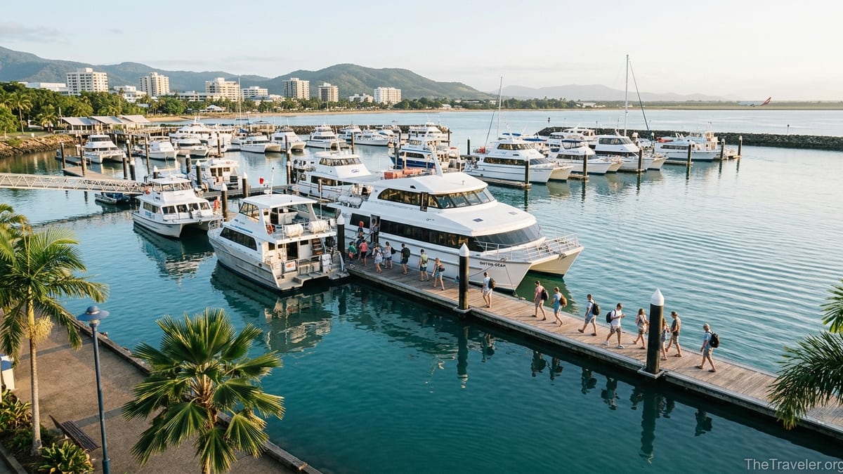 Morning view of Cairns marina with reef tour boats boarding passengers under soft sunlight.