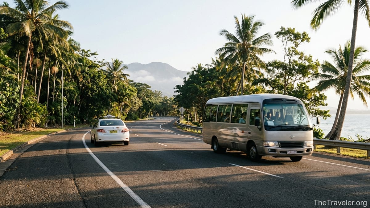 Taxi and airport minibus driving along a tropical coastal road between Cairns Airport and Palm Cove at sunrise.