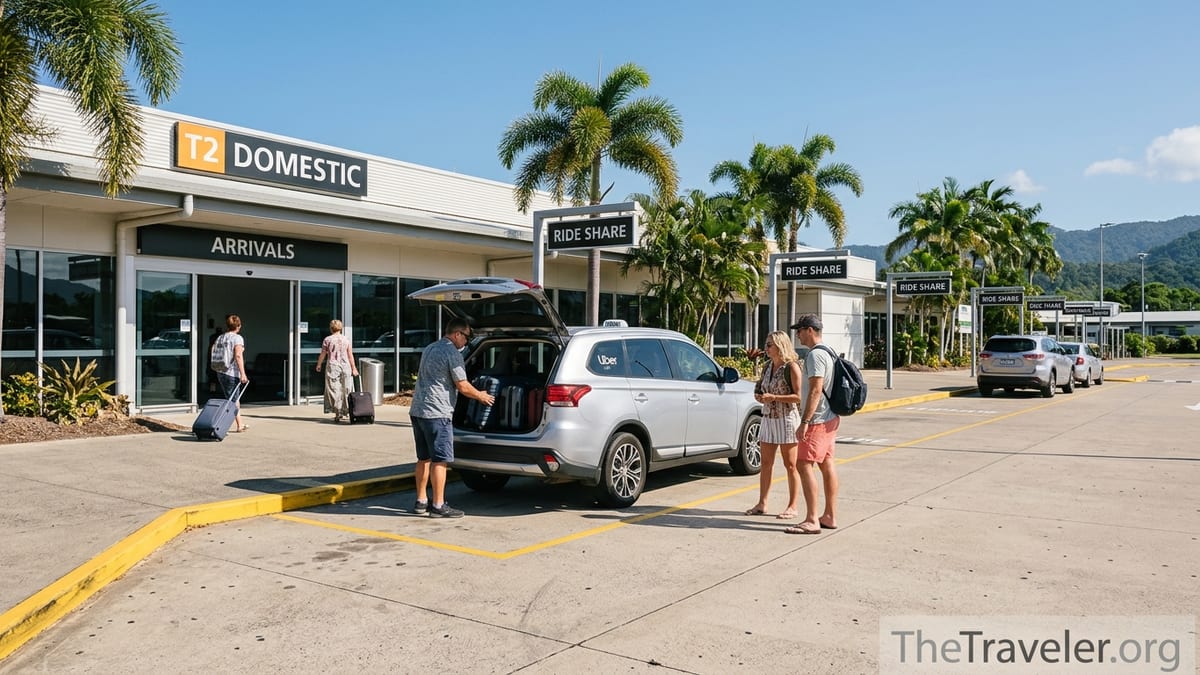 Travellers meeting an Uber at the rideshare pickup zone outside Cairns Airport.