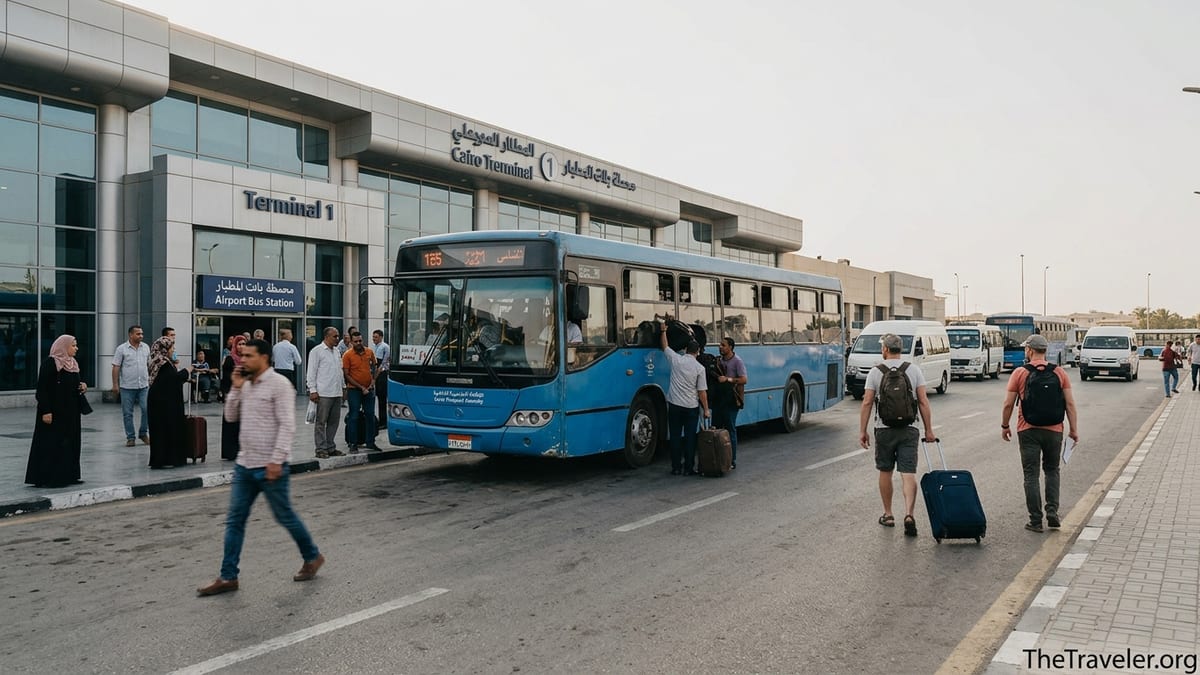 Public bus loading passengers with luggage outside Cairo International Airport terminal.