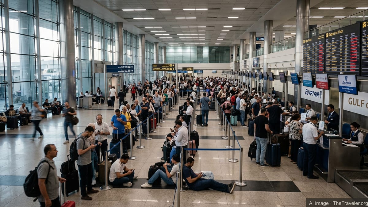 Crowded departure hall at Cairo International Airport with stranded travelers and cancelled flights on screens.