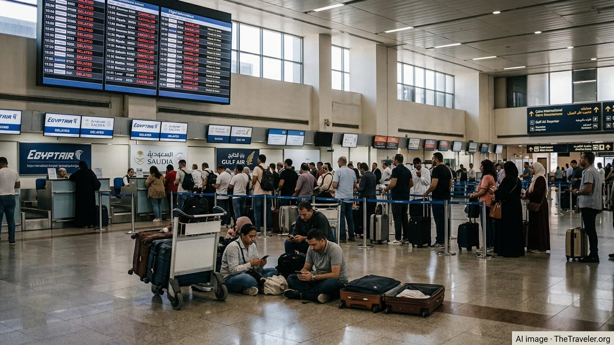 Passengers waiting in long queues under delay boards at Cairo International Airport.