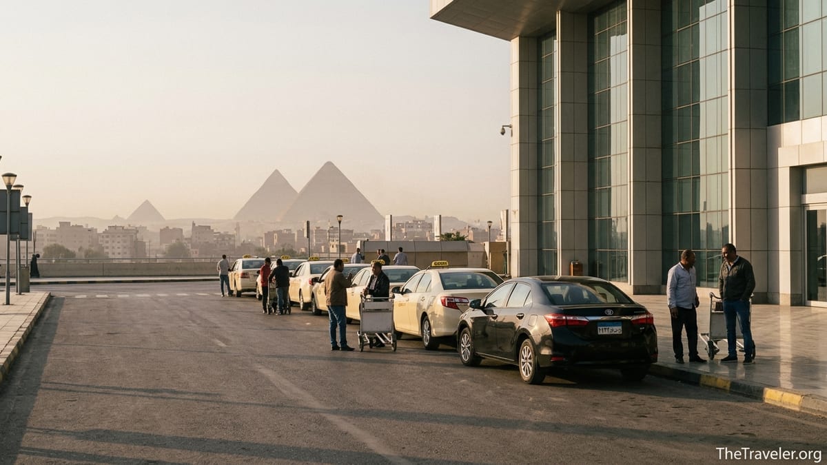 Taxis waiting outside Cairo International Airport with distant view of the Giza pyramids at sunrise.