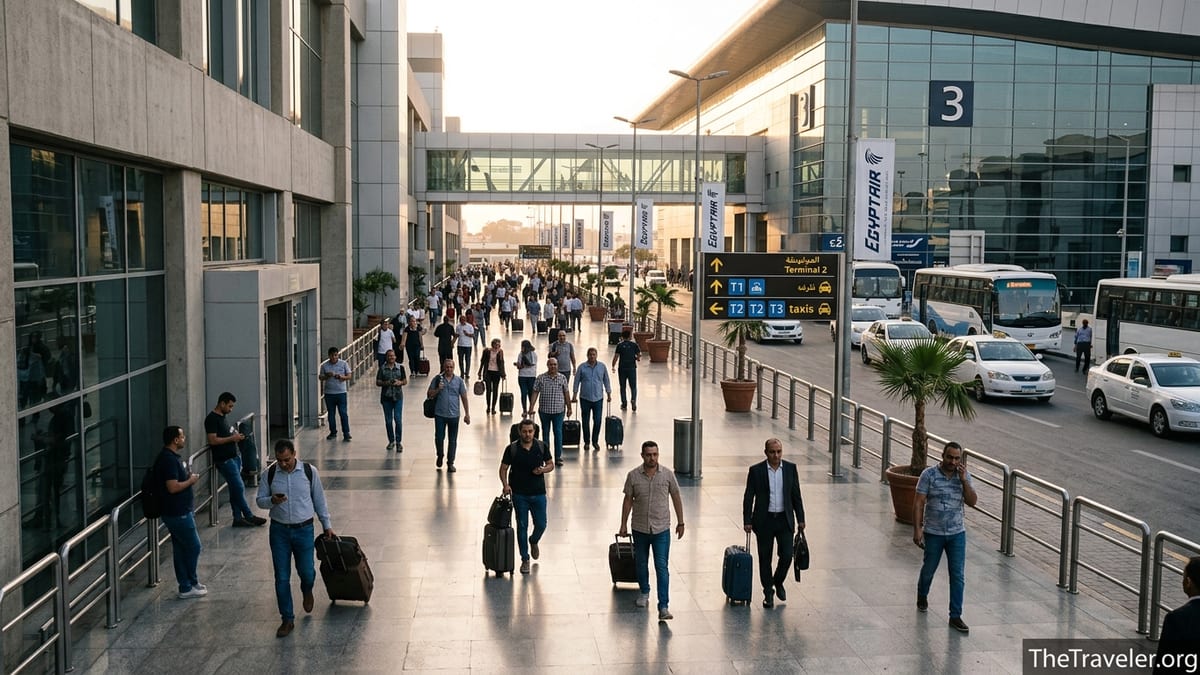 Travelers walking between Cairo Airport Terminals 2 and 3 with signs and taxis at sunset.
