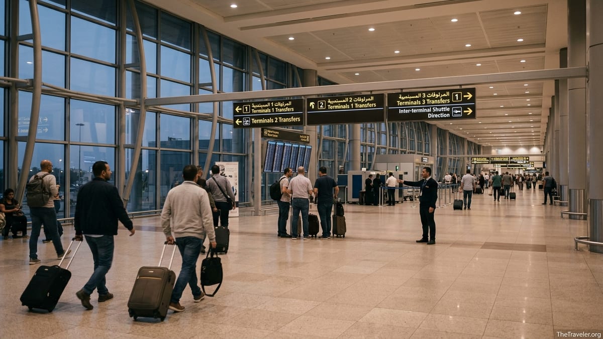 Passengers walking through Cairo Airport Terminal 3 following signs for transfers to Terminals 1, 2 and 3.