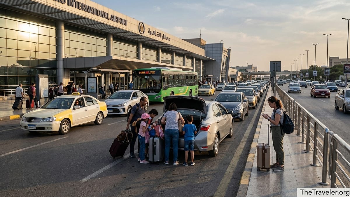 Arrivals curb at Cairo International Airport with taxis, ride-hailing cars and a bus picking up travelers.