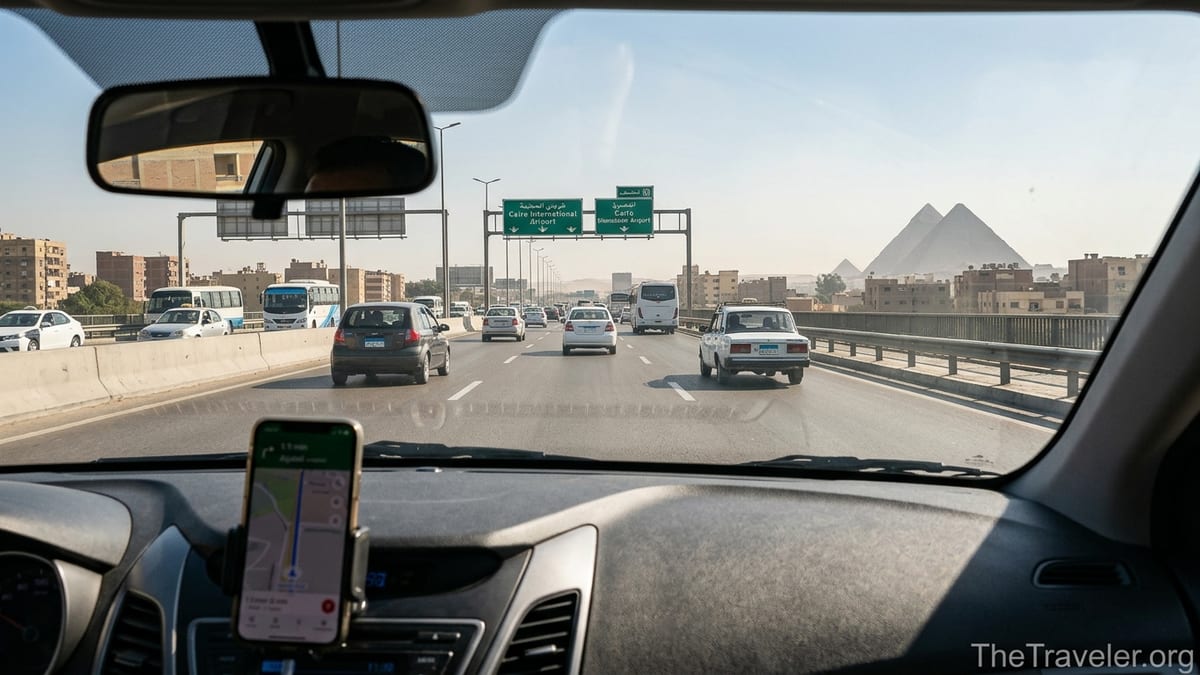 View from a car leaving Cairo Airport toward the city with distant Giza Pyramids on the horizon.