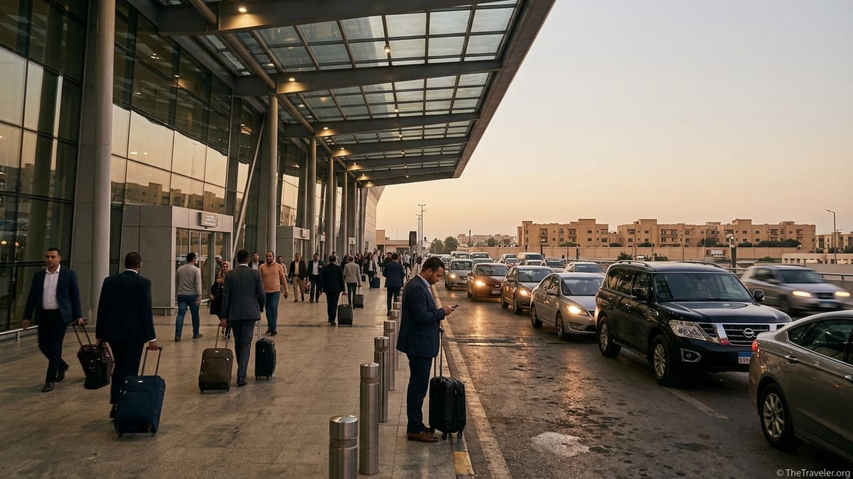 Travelers outside Cairo International Airport arranging car rides toward New Cairo at dusk.