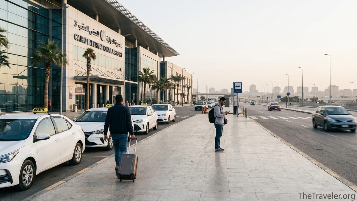 Travelers outside Cairo International Airport Terminal 3 heading to taxis and rideshare cars at sunrise.