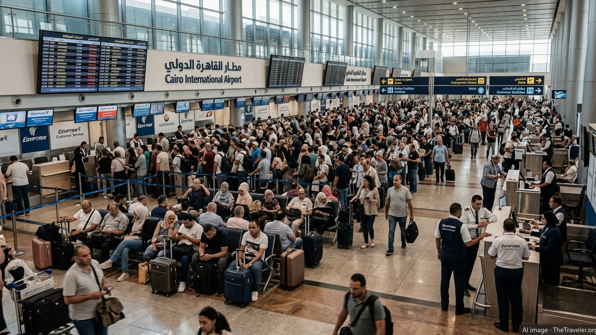 Crowds of stranded passengers queue under delay-filled screens at Cairo International Airport.