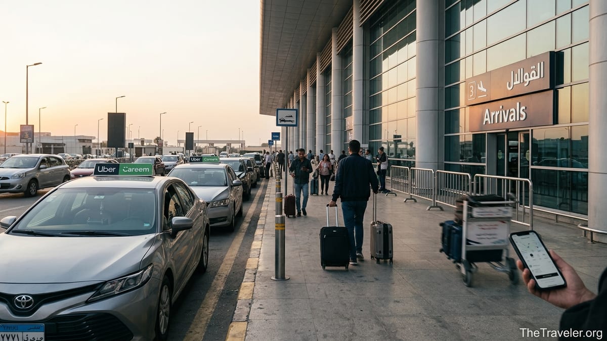 Travelers meeting Uber and Careem rides outside Cairo International Airport arrivals curb.