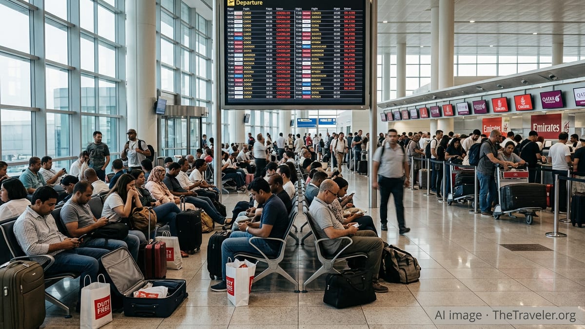 Stranded travelers crowd a Dubai airport departure hall under a departure board of cancelled and delayed flights.
