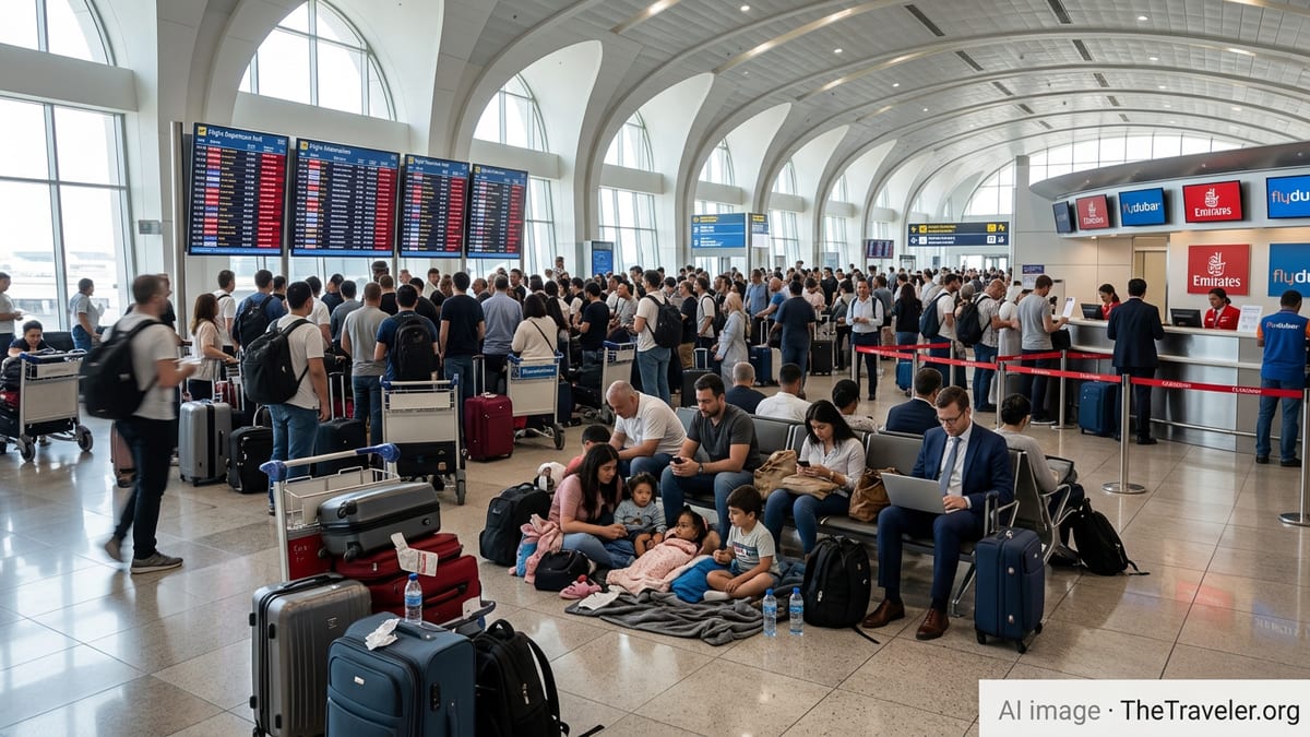 Crowded departure hall at Dubai International Airport with stranded passengers and many flights listed as cancelled.