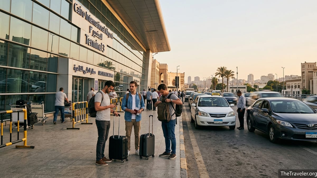 Travelers with luggage waiting for taxis and ride shares outside Cairo International Airport terminal.