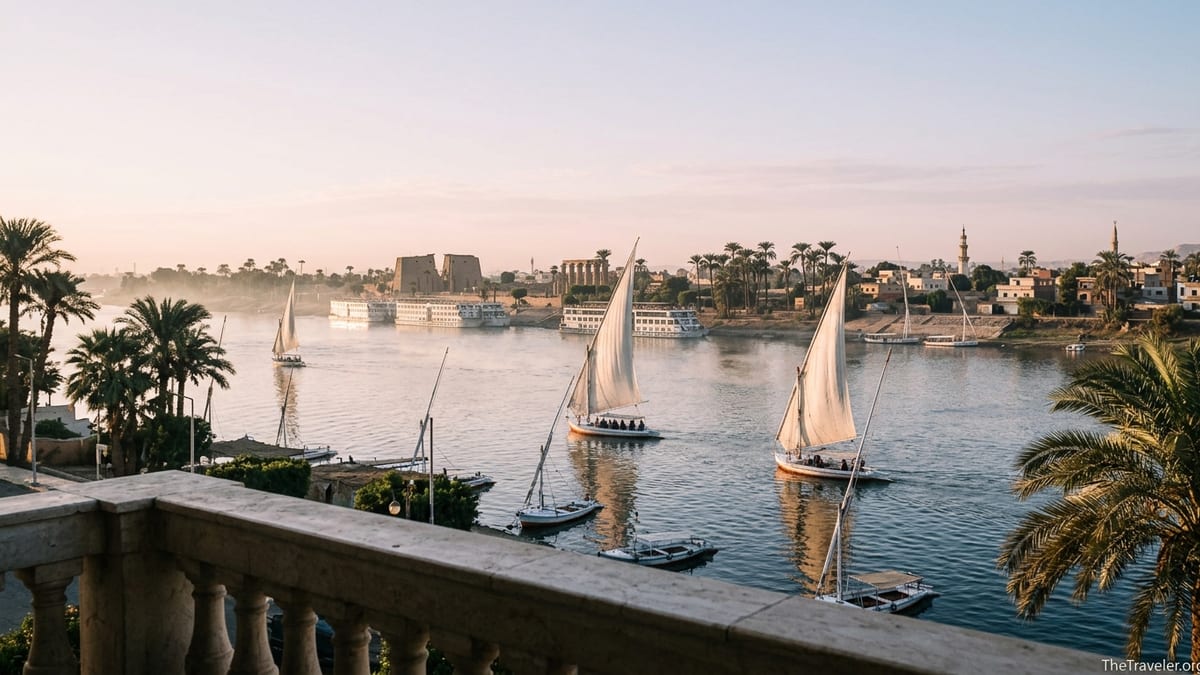 Sunrise over the Nile at Luxor with feluccas and cruise boats on the river.