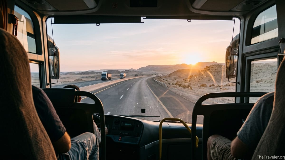 Highway through Egypt’s Eastern Desert between Cairo and Hurghada seen from inside a coach at sunrise.