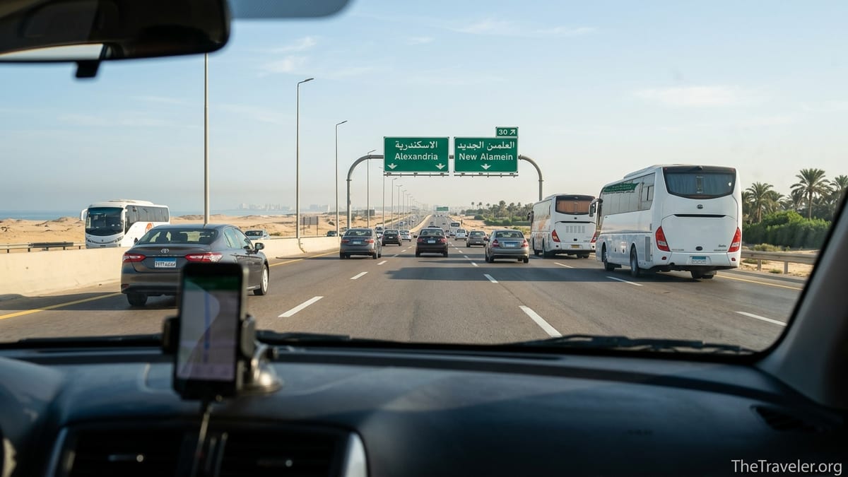 View from a car driving the Cairo–Alexandria highway toward Egypt’s Mediterranean coast on a clear summer morning.