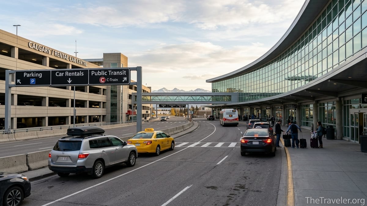 View of Calgary International Airport terminal with parkade, rental cars and bus area at sunset.