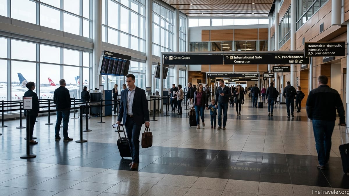 Travelers move quickly through security and gates at Calgary International Airport concourse.