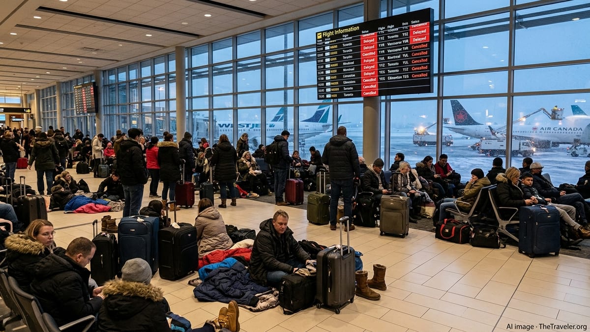 Stranded passengers wait in a crowded Calgary airport terminal with delayed and cancelled flights on the screen.
