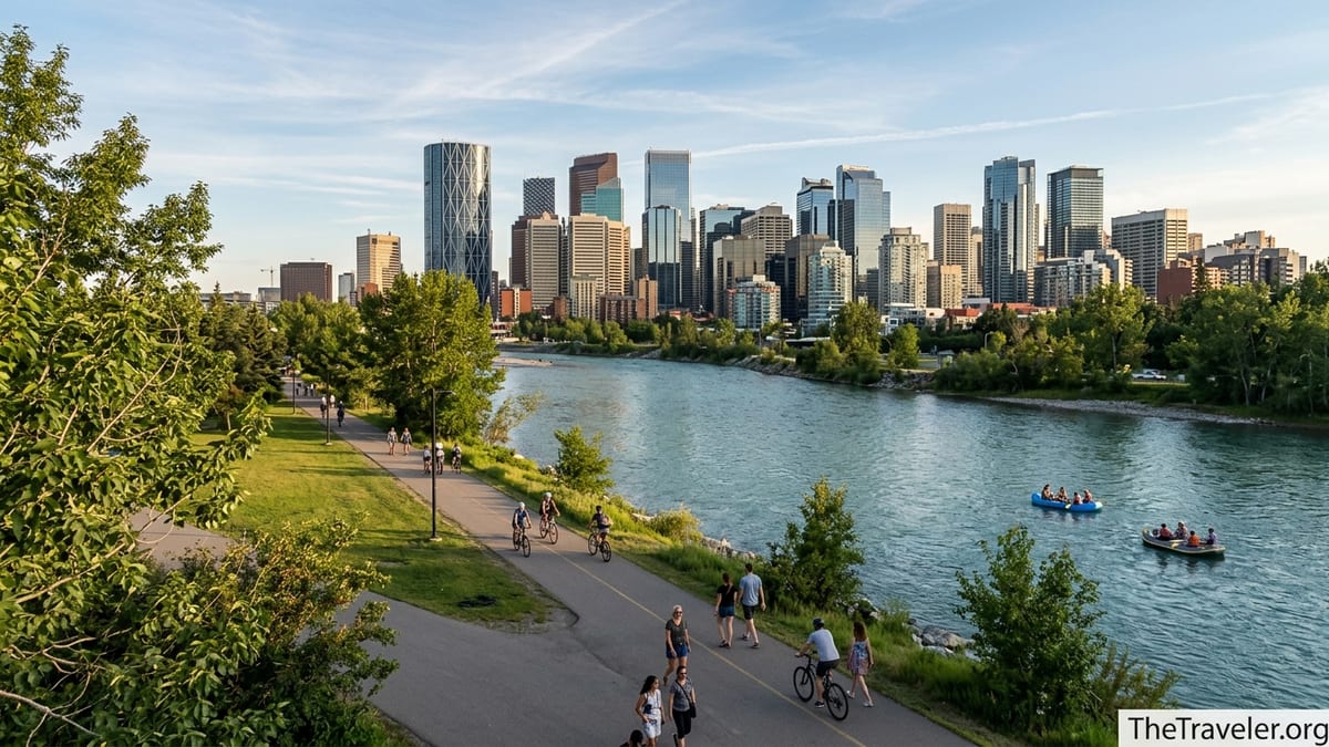 Downtown Calgary skyline overlooking the Bow River and riverside pathway on a sunny summer evening.