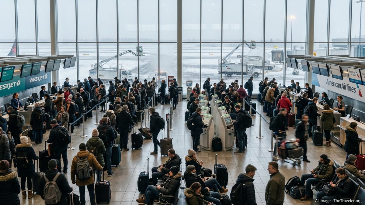 Crowded Calgary airport departures hall with stranded winter travelers in long lines at airline check-in counters.