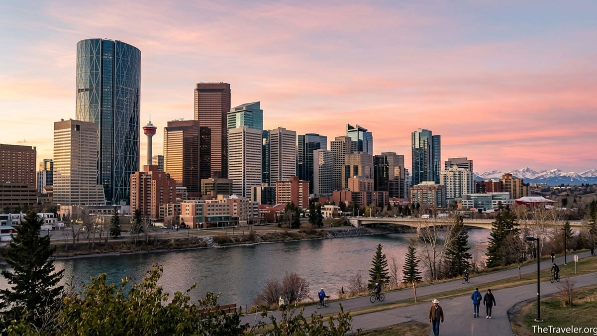 Downtown Calgary skyline at sunrise with river paths and Rockies in the distance.