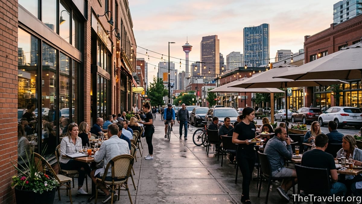 Summer evening restaurant patios and skyline in downtown Calgary food district