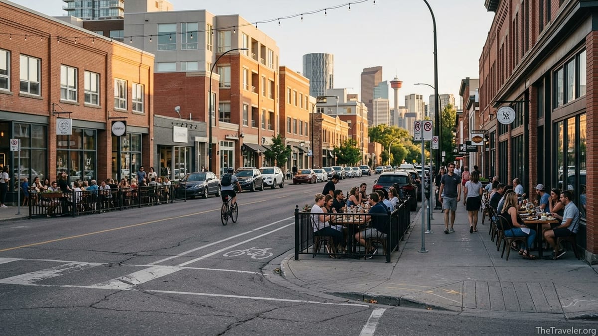 Evening patios and pedestrians on Calgary’s lively 17th Avenue in the Beltline district.