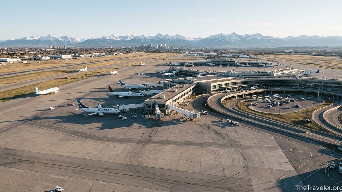 Aerial view of Calgary International Airport with the Canadian Rockies in the background.