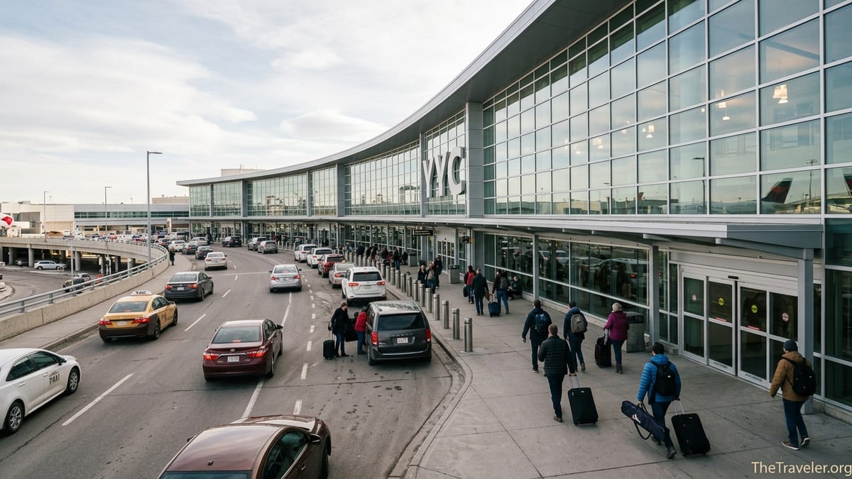 Exterior of Calgary International Airport with cars at the curb and travelers entering the glass terminal.