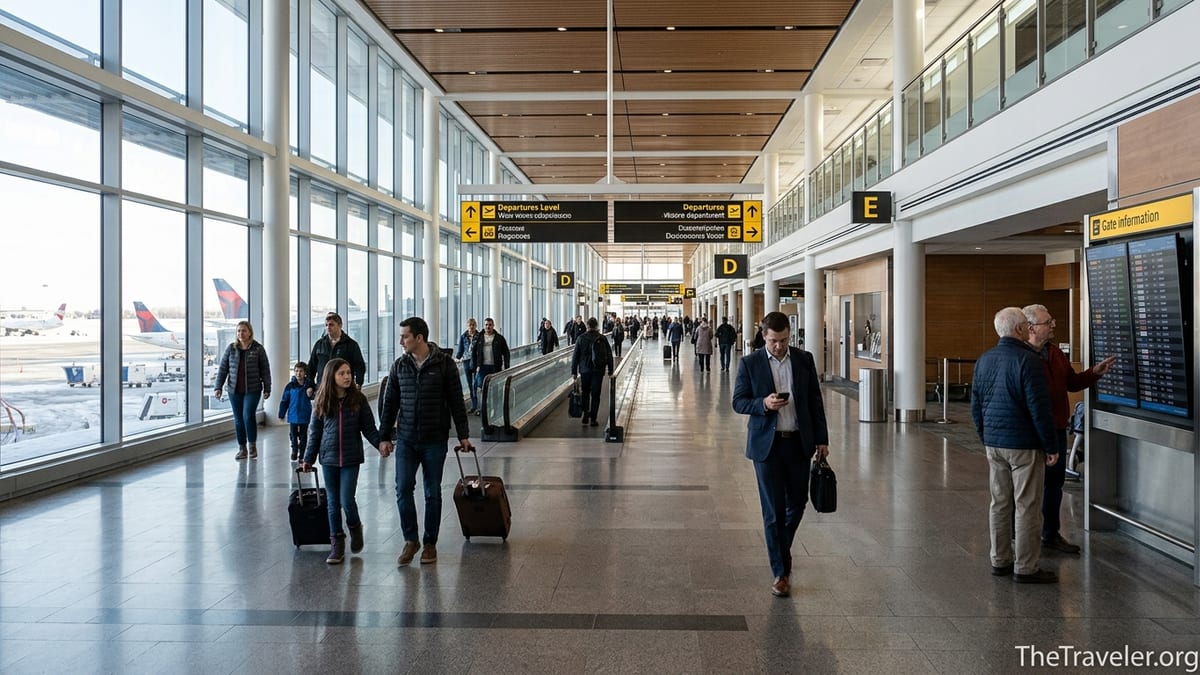 Travelers walking through the bright central concourse at Calgary International Airport with clear overhead signage.